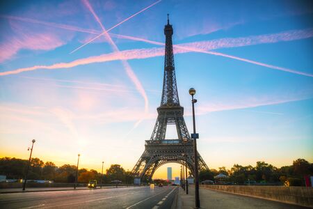 Cityscape with the Eiffel tower in Paris, France at sunriseの写真素材