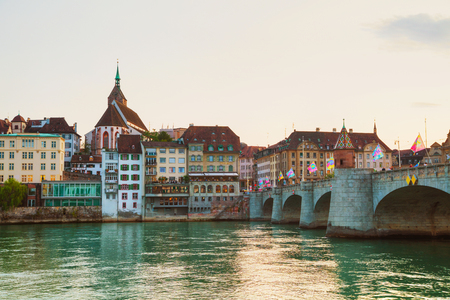 BASEL - AUGUST 25: Basel cityscape at night time on August 25, 2017 in Basel, Switzerland.のeditorial素材