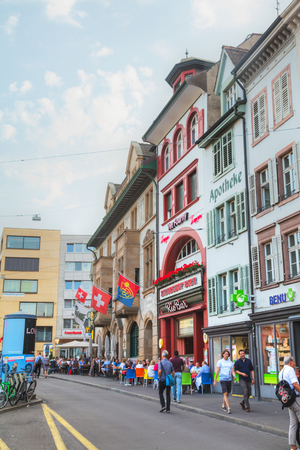 BASEL - AUGUST 25: Crowded with tourists street on August 25, 2017 in Basel, Switzerland.のeditorial素材