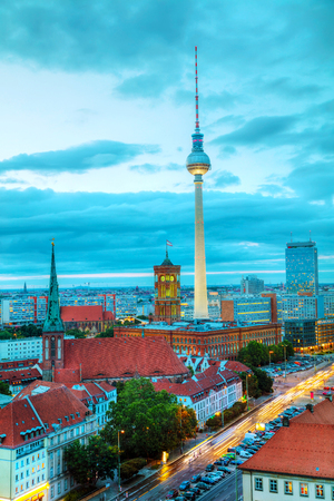 Aerial overview of Berlin, Germany at the sunsetの写真素材
