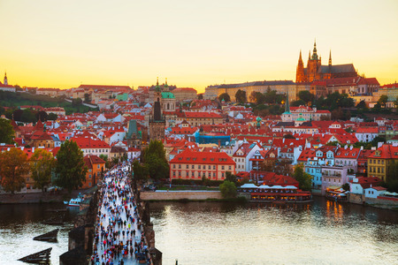 PRAGUE, CZECH REPUBLIC - AUGUST 28: Aerial overview of Prague with St Vitus Cathedral on August 28, 2017 in Prague, Czech Republic.のeditorial素材
