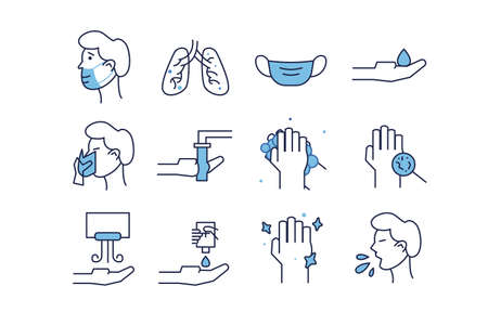 Coronavirus safety measures outline icons isolated on white background, flat vector illustrationのイラスト素材