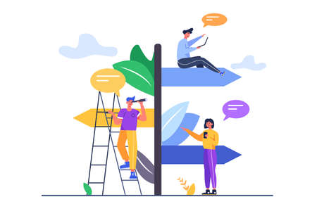 A group of people looking for a way according to the signs on the pillar, the guy on the stairs with a spyglass isolated on white background, flat vector illustrationのイラスト素材