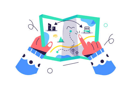Girls hands holding a map with the location of paths and locations, fingers, isolated on white background, flat vector illustrationのイラスト素材