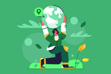 Girl holding in squat planet the earth in her hands above her head, isolated on green background, flat vector illustrationのイラスト素材