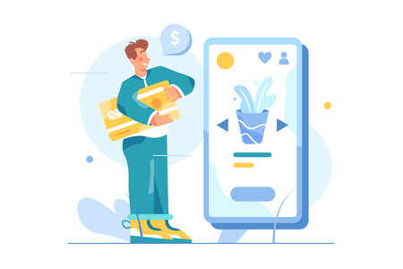 The guy is engaged in paying for the purchase with a credit card holding it in his hands, virtual display with the product, isolated on white background, flat vector illustrationのイラスト素材