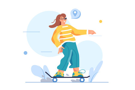 Girl rides a skateboard wearing sunglasses isolated on white background flat vector illustrationのイラスト素材