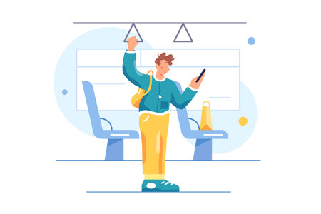Guy with phone in hand rides the bus and holds on to the hand holder, seat isolated on white background, flat vector illustrationのイラスト素材