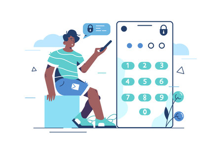 Password security system vector illustration. Man entering security code on smartphone flat style concept. Verification code, notification and private authorization idea. Isolated on whiteのイラスト素材