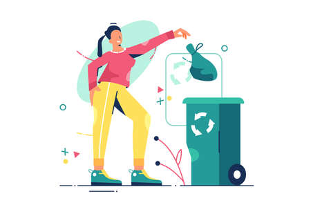 Girl throws out trash vector illustration. Plastic can for rubbish on street flat style. Waste recycling, environmental protection and eco friendly concept. Isolated on white backgroundのイラスト素材