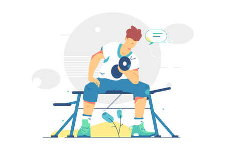 Young guy lifts heavy dumbbell vector illustration. Man training in gym, work for fit body flat style. Sport, healthy lifestyle, weight loss concept. Isolated on white backgroundのイラスト素材