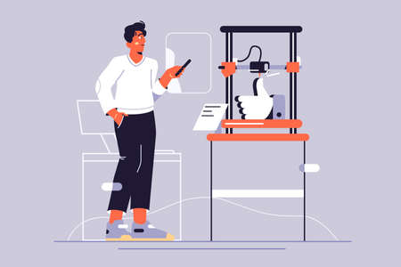 Young guy printing prototype using 3d printer vector illustration. Engineer holds tablet in hand...