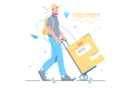Male courier deliver cardboard boxのイラスト素材