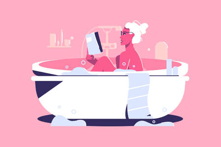 Relaxed woman taking bath with bubblesのイラスト素材