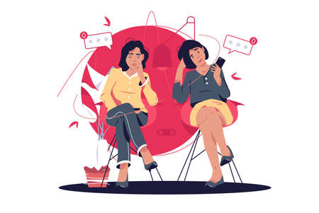 Tired people waiting for sms notificationのイラスト素材