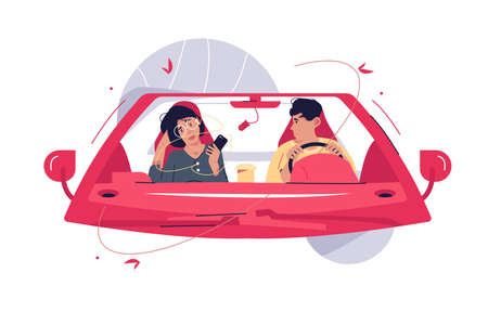 Man sitting in car behind wheelのイラスト素材