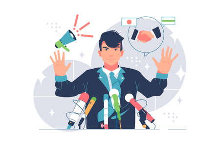 Orator stands behind podium with microphoneのイラスト素材