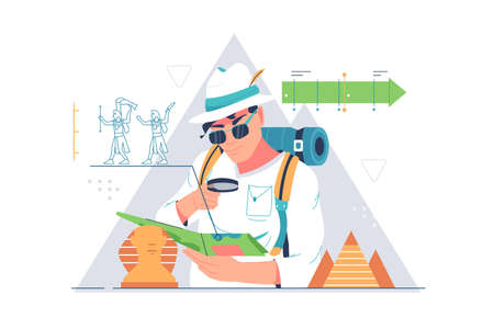 Character explore map with history spotsのイラスト素材