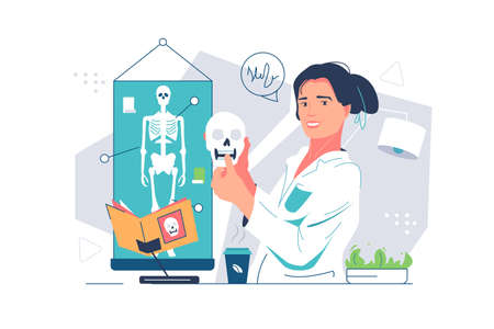 Woman anthropologist with ancient skullのイラスト素材