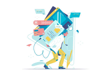 Male character carry on shoulders bunch of devicesのイラスト素材