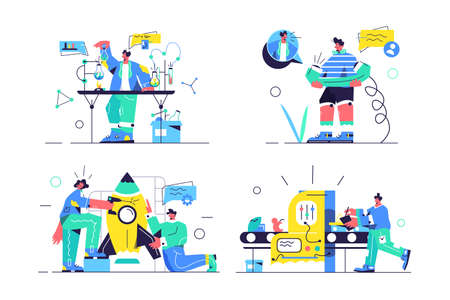 Create formula, telephone call, build rocket, control manufacturing setのイラスト素材