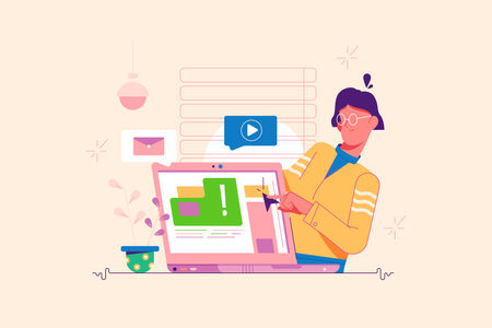 Woman character work on laptop device with touchscreenのイラスト素材