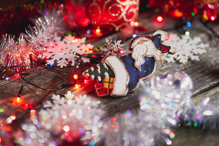 Christmas toys on wooden backgroundの写真素材