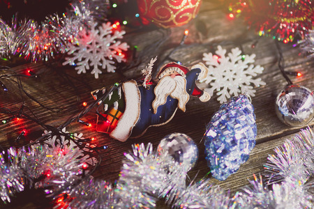 Christmas toys on wooden backgroundの写真素材