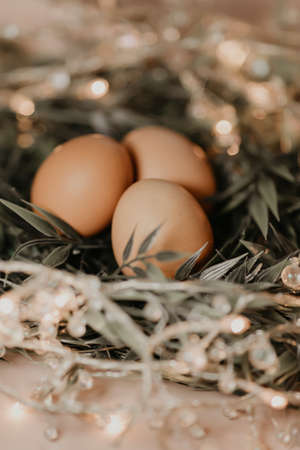 Easter eggs with lights in a tub close up. Rustic style.の写真素材