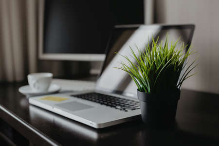 Work at home background. Notebook on the table. Home office concept.