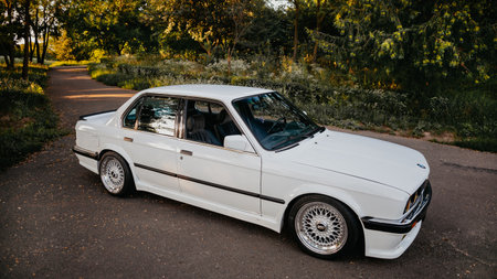 Berlin, Germany - July 07, 2020: BMW M3 e30 outdors, BBS wheels, tunning M Tech, glossy and shiny...