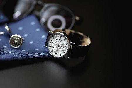 Luxury men's watch with cufflinks, breastplate and sunglasses close up.の写真素材