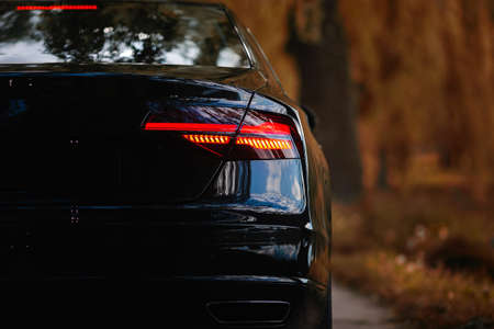 Rivne, Ukraine - 06/03/2022: Rear of Audi A8 D4 Long. luxury black modern car. executive class auto.