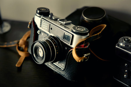 Antique Old photo Camera on wooden table