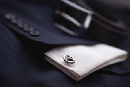Close up of a man's suit with belt and cufflinks.