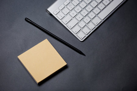 office desk table with supplies. Top view with copy space. flat layの写真素材