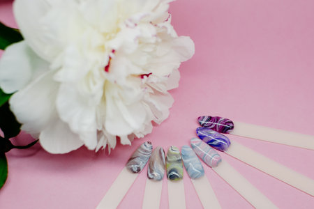 Beautiful manicure on a pink background. Nail Polish.の写真素材