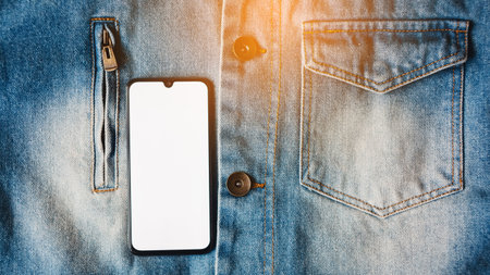 Modern smartphone with empty white screen on the blue denim background.の写真素材
