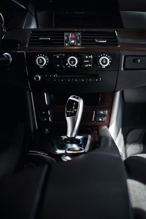 Interior of a modern car, close-up of gear stickの写真素材