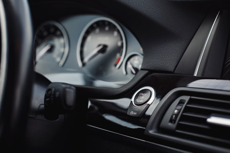 Modern car interior details. Steering wheel, dashboard and dashboard.の写真素材