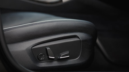 Car door handle close up. Modern car interior. Car interior details.の写真素材