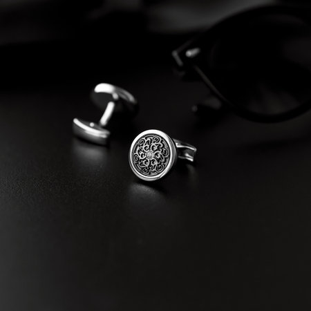 luxury men's cufflinks with sunglasses on black background.