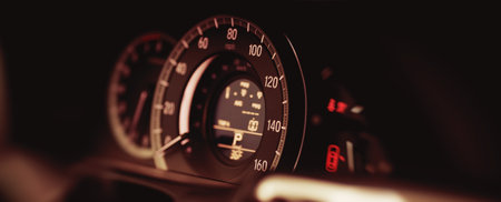 Close-up of a speedometer in a car. 3d rendering