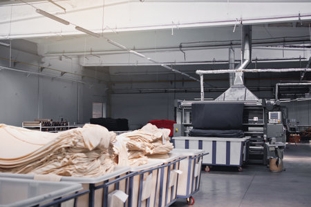 Interior of a modern textile factory, production line. industrial backgroundの写真素材