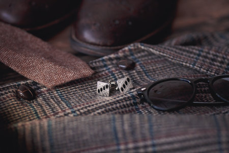 Fashionable men's clothing and accessories on a wooden background.の写真素材