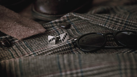 Elegant gentleman accessories on a checkered plaid.の写真素材