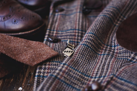 Men's clothing and accessories on a wooden background. Toned.の写真素材