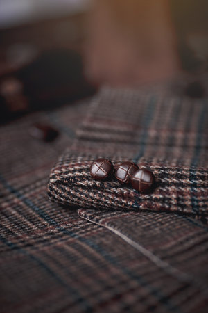 Two chocolate candies on checkered plaid. Selective focus.