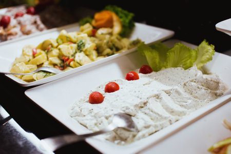 Turkish and Greek Traditional Dinning Table with Special Alcohol Drink Raki. Ouzo and Turkish Raki is a dry anise flavored aperitif that is widely consumed in Turkey, Greece, Cyprus and Lebanonの写真素材