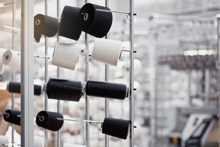 Spools of black and white threads on the rack in the sewing workshopの写真素材